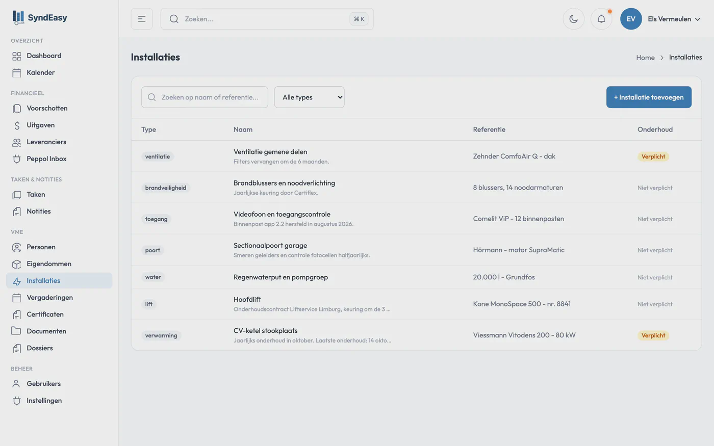 Het installatieoverzicht van Syndeasy met onderhoudsdata