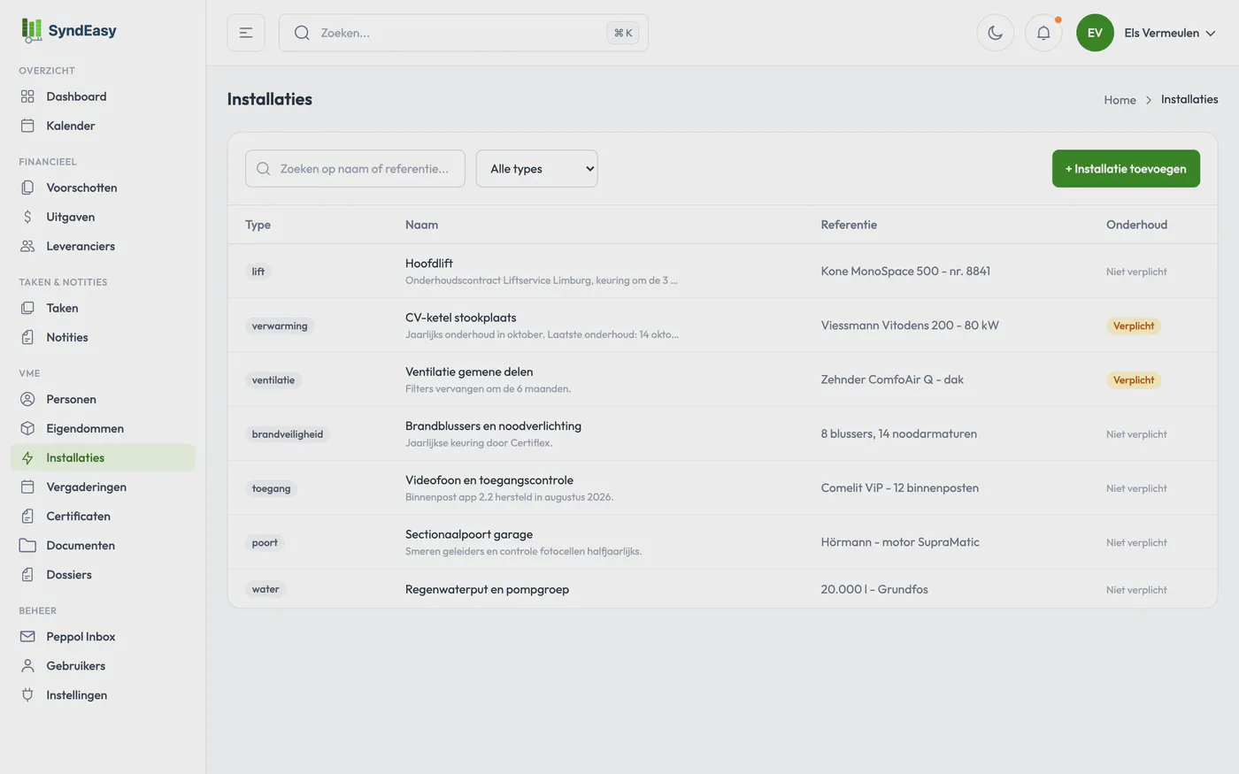 Het installatieoverzicht van Syndeasy met onderhoudsdata